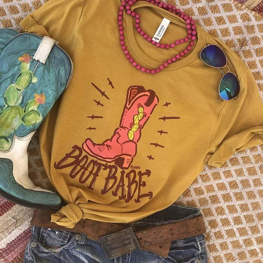Boot Babe Cowgirl Mustard Yellow Graphic Tee