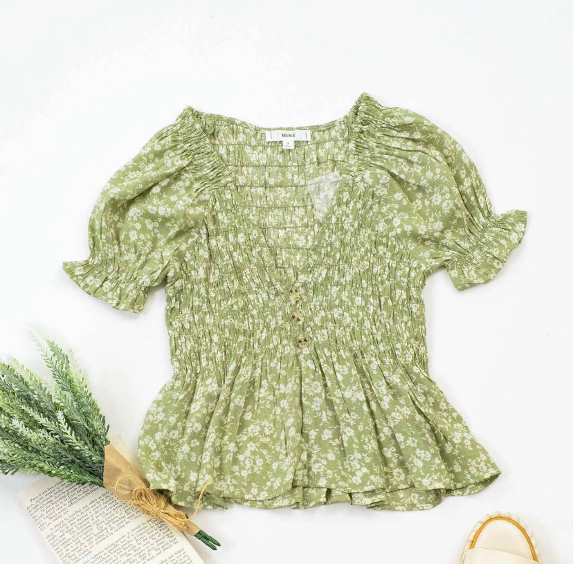 Flirty in Florals Green Puff Sleeve Smocked Top