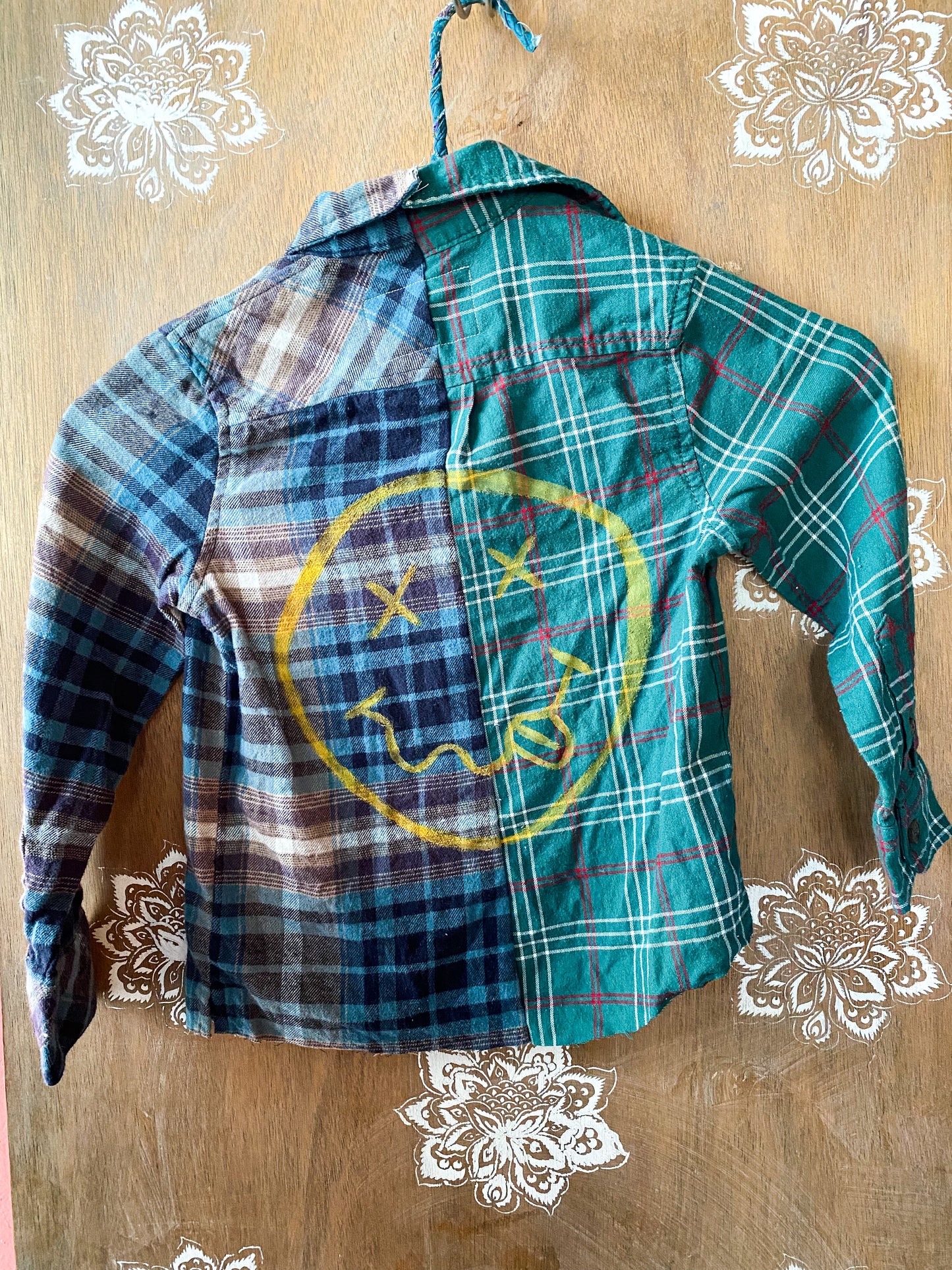Smiley face patchwork kids upcycled plaid flannel size 4T/5T