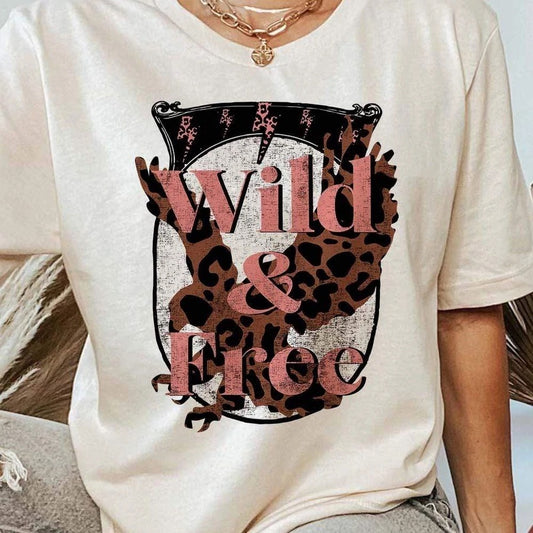 Wild & Free Leopard Printed Eagle Design Cream Graphic Tee
