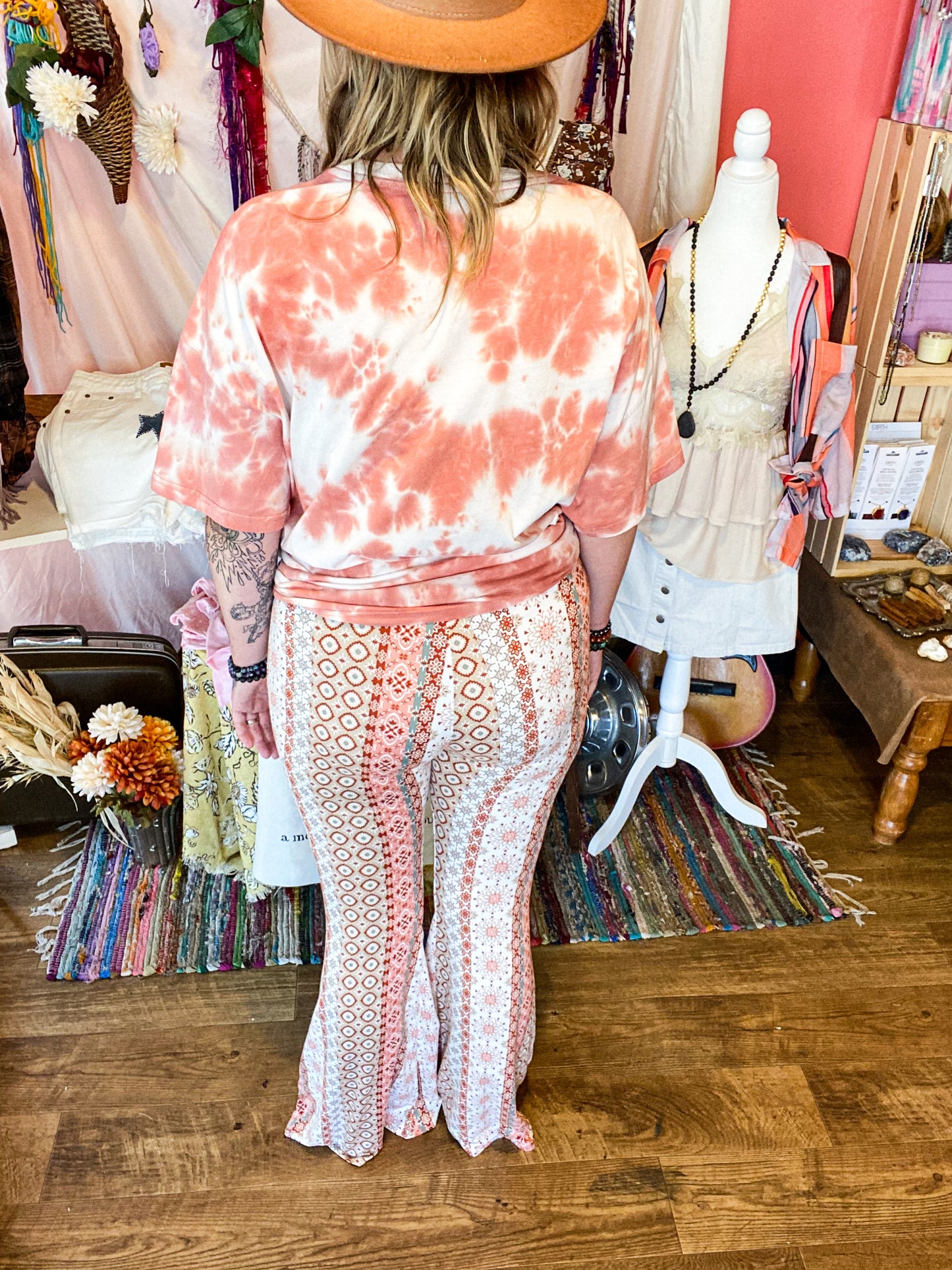 Coral Pink Boho printed knit stretchy elastic waist bell bottoms
