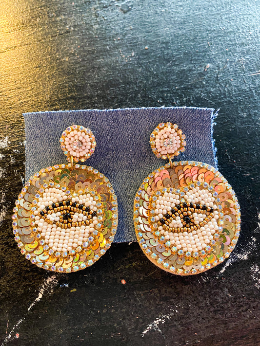 Gold Evil Eye Sequin and Bead Earrings