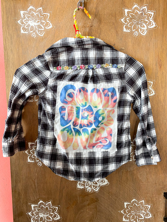 Good vibes tie dye kids upcycled plaid flannel size 6/6x