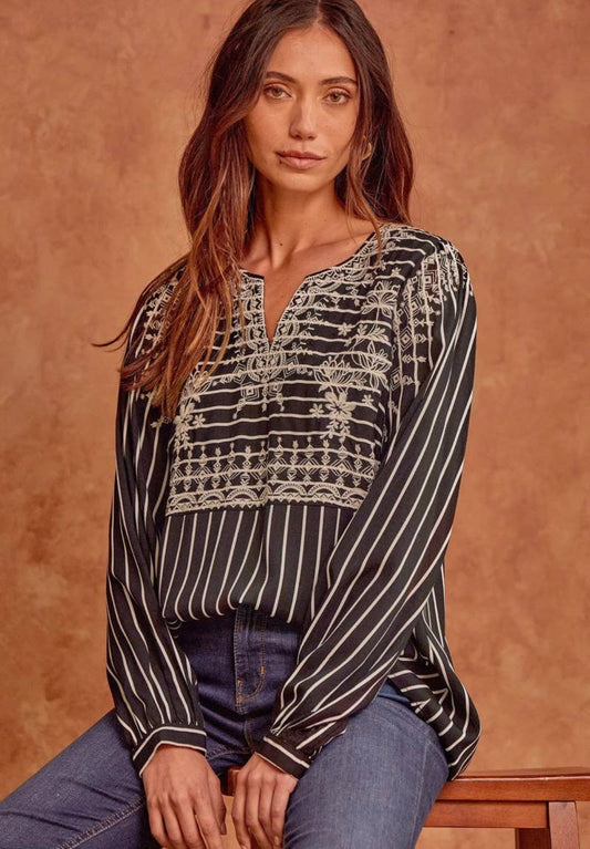 Sabrina Black and White Striped Embroidered Long Sleeve Blouse