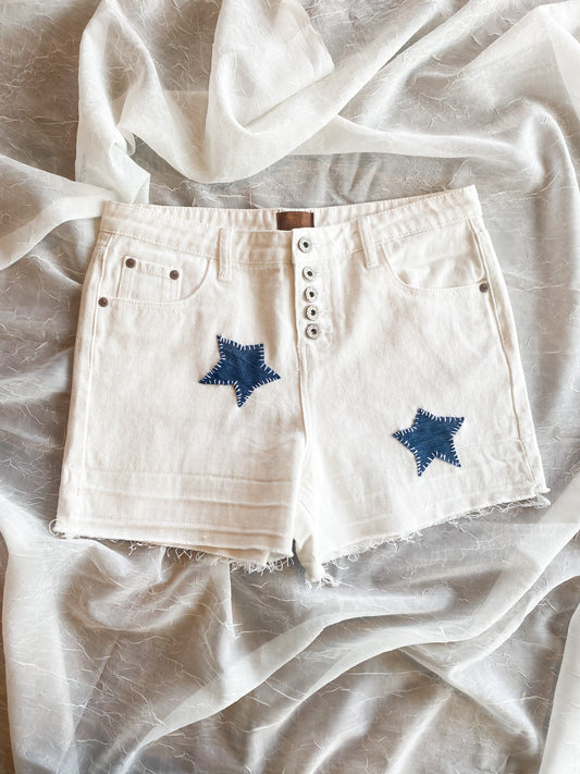 Star patchwork white cut off shorts