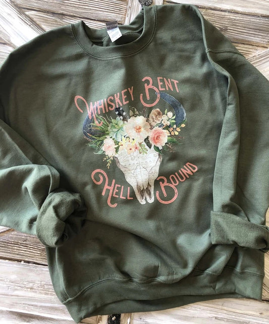 Whiskey Bent and Hell Bound Military Green Bull Skull Sweatshirt