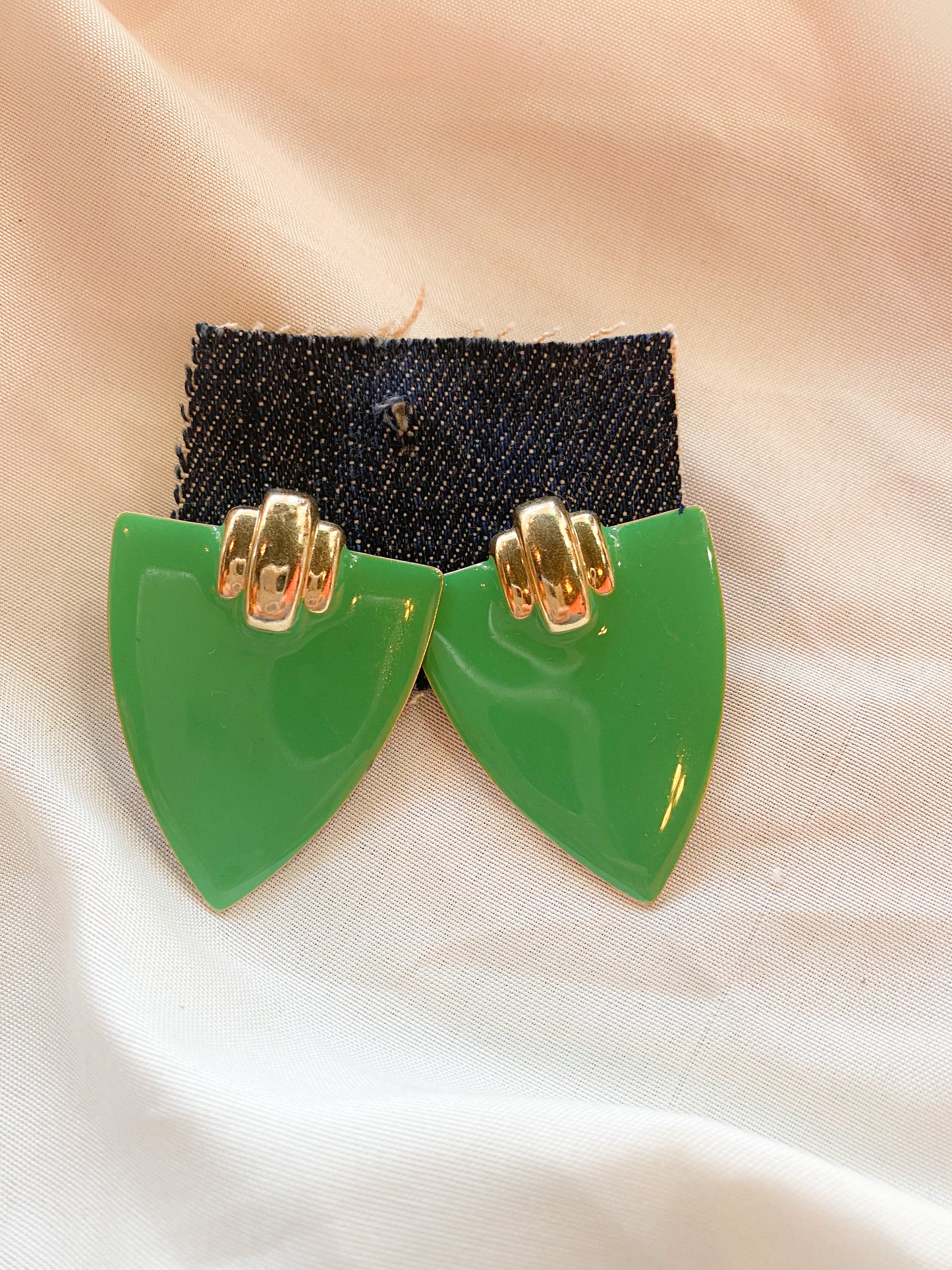 Vintage green and gold triangle post earrings