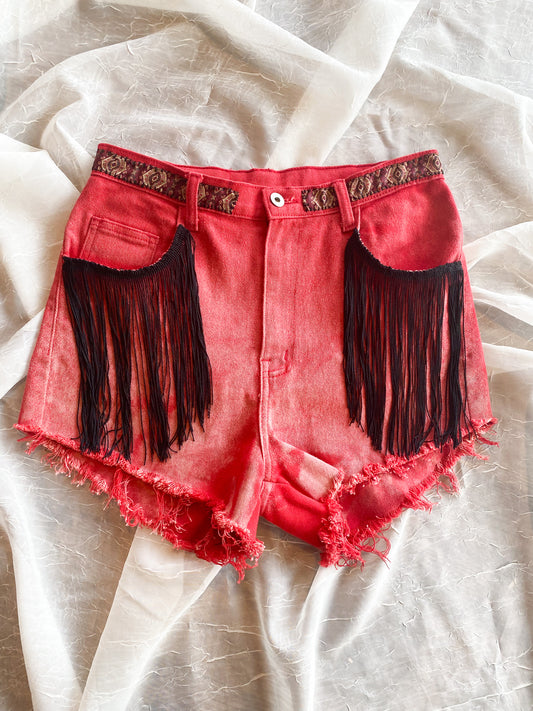 Upcycled red fringe shorts size 0-2