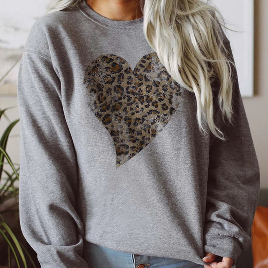 Distressed Leopard Print Heart Graphic Sweatshirt