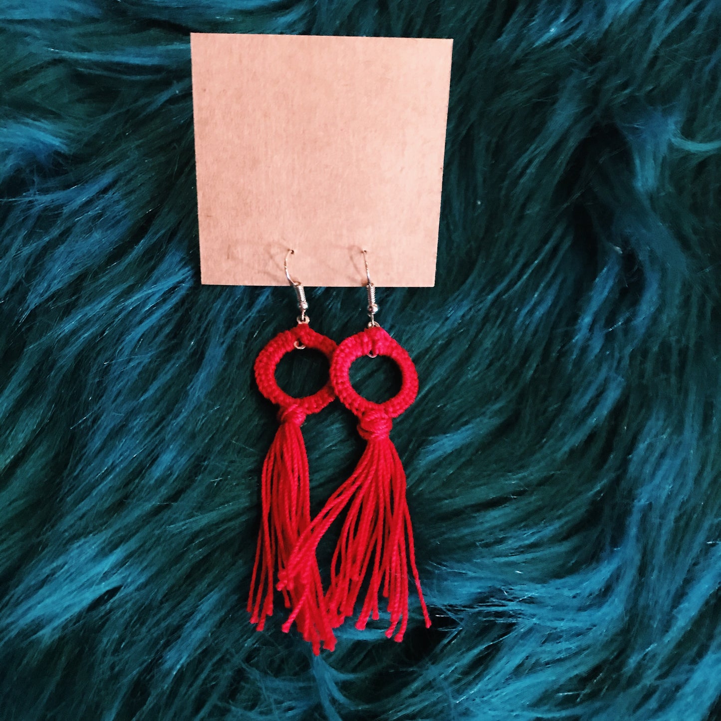 Small red tassel macrame earrings