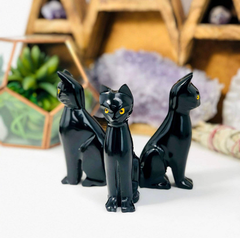Black Onyx Cat Polished Stone Carving