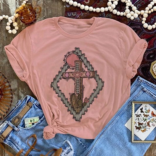 Easter Sunrise Cross Graphic Tee Pink