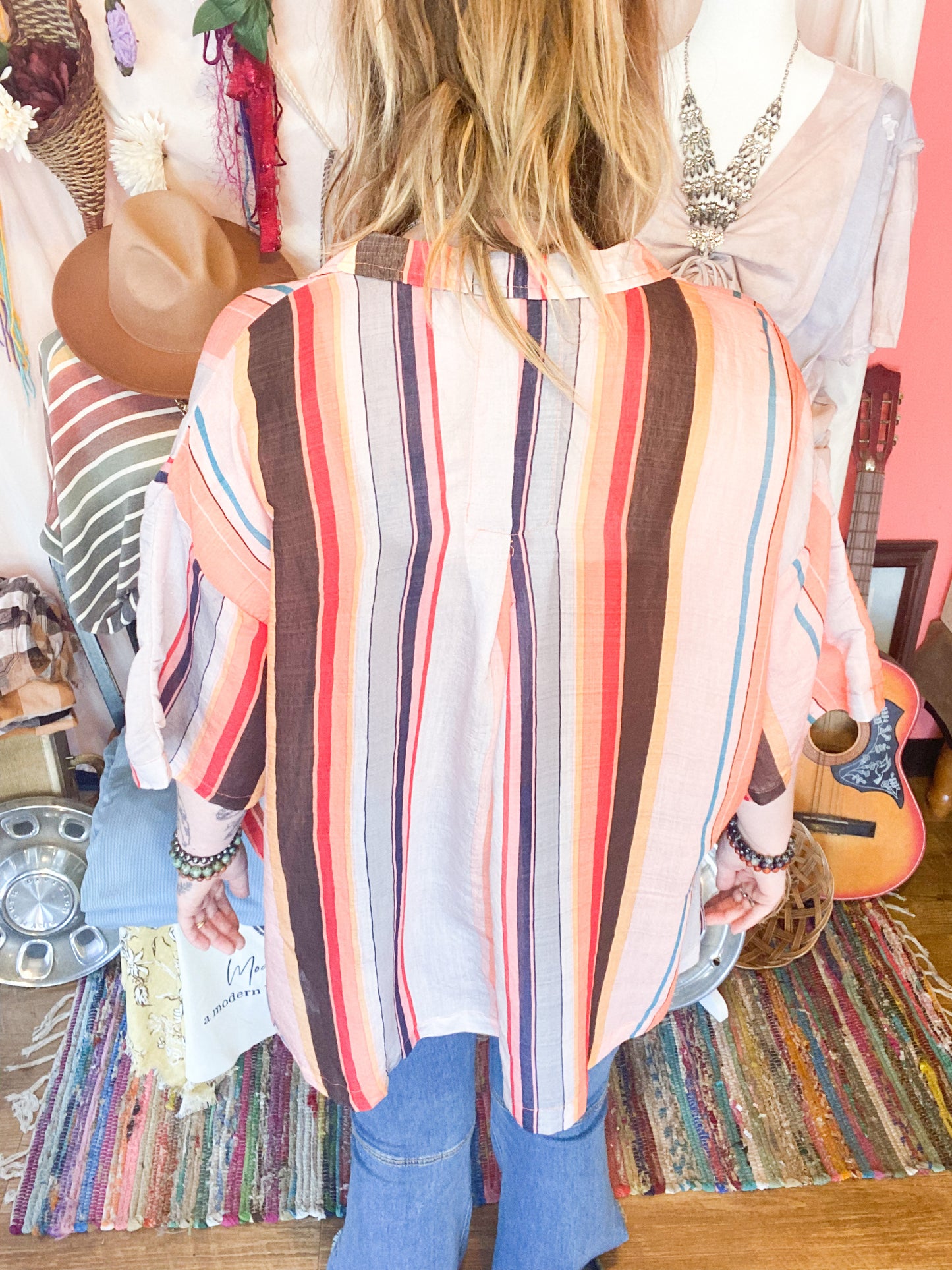 Spring into stripes oversized buttonup top