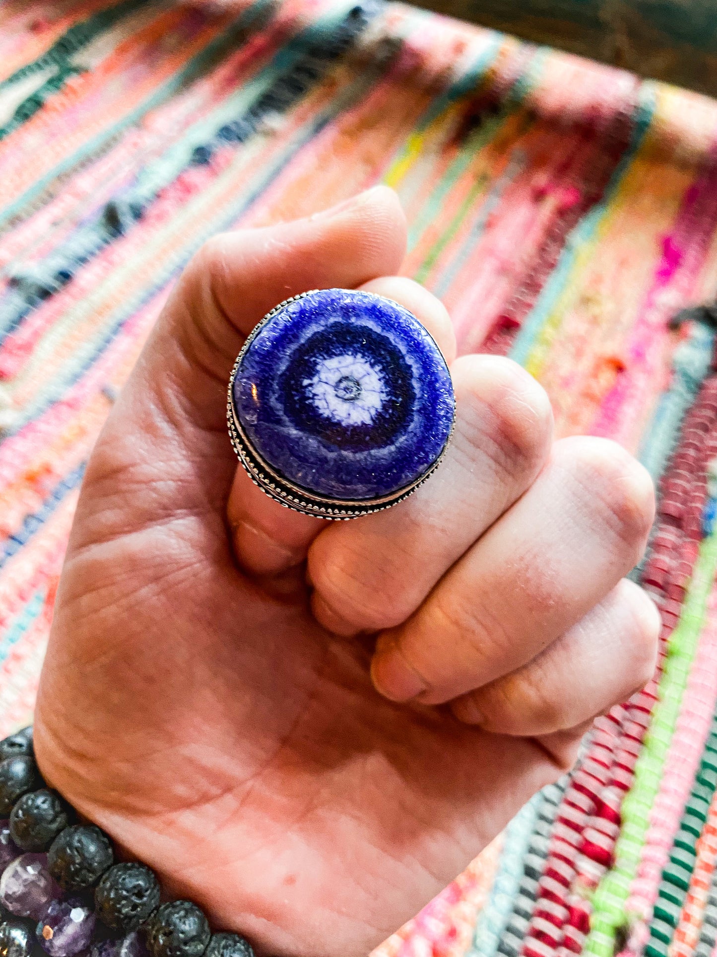 Deep Purple Blue Solar Quartz Crystal Ring Size 6.5