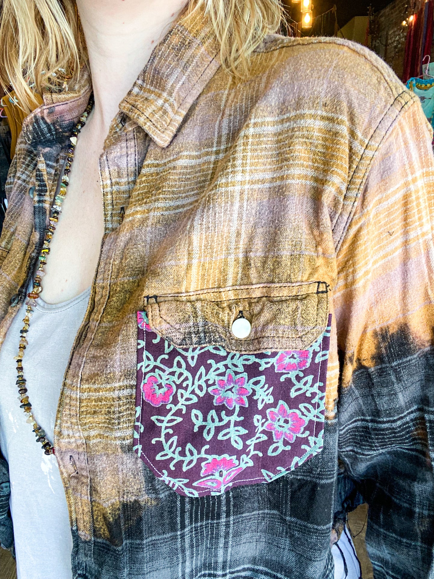 Sherri bleached and distressed cropped floral pocket flannel