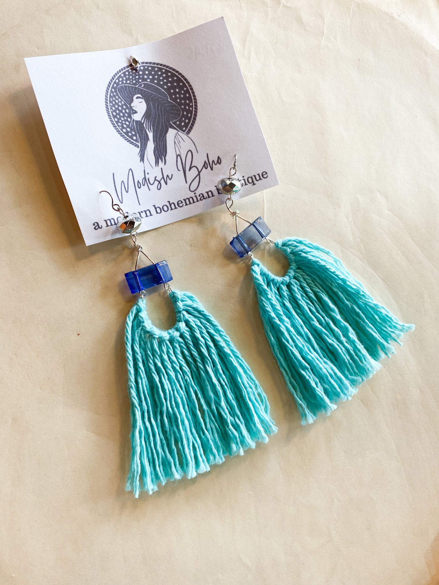 Silver & Blue Beaded fringe macramé earrings