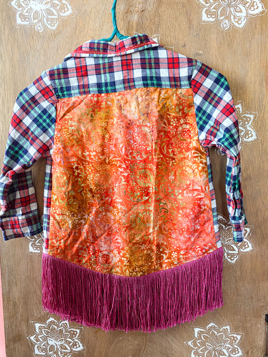 Hippie batik mixed print fringe kids upcycled plaid flannel size 4/5