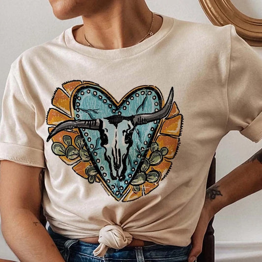 Crooked Horn Bull Western Heart Cream Graphic Tee