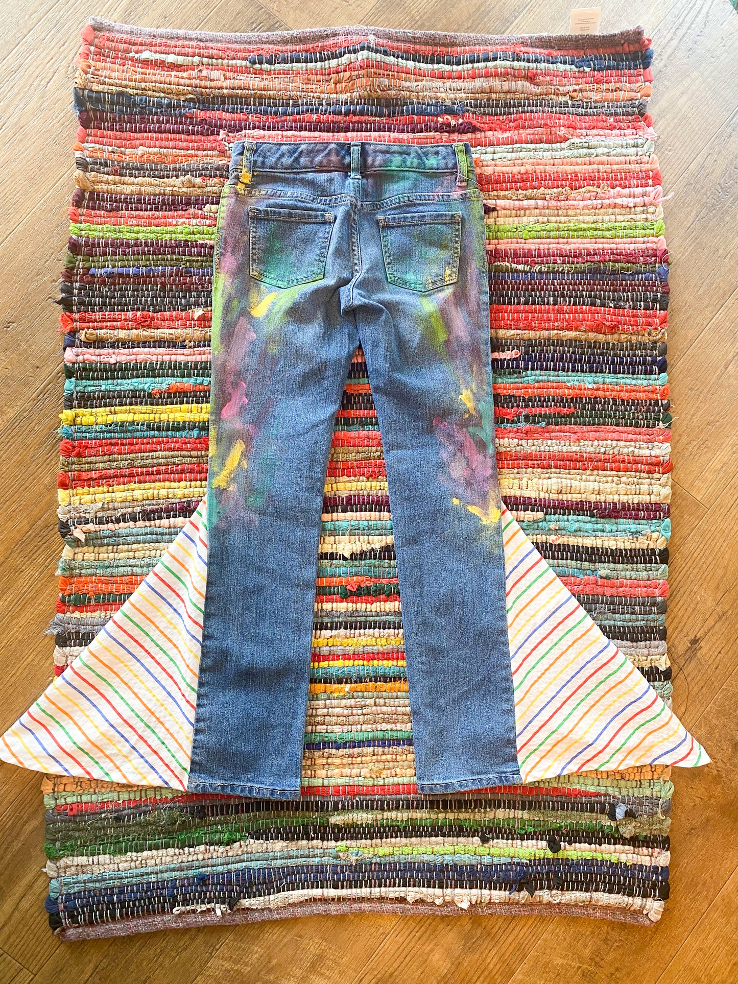 Size 8 upcycled painted hippie denim bell bottoms