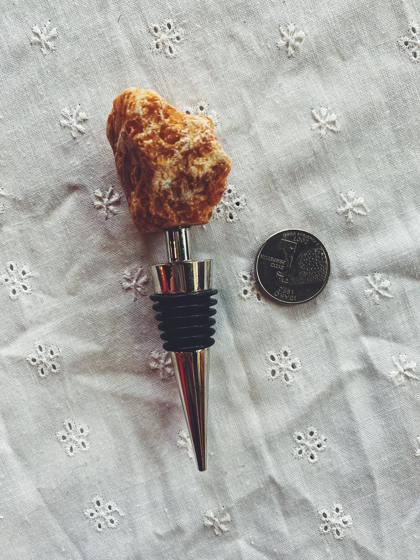 Orange Calcite gemstone wine bottle stopper.