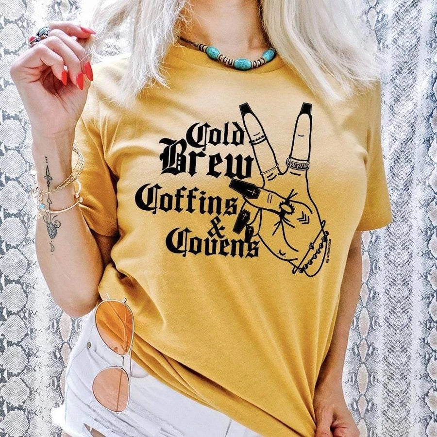 Cold Brew and Coffins Witchy Mustard Yellow  Graphic Tee