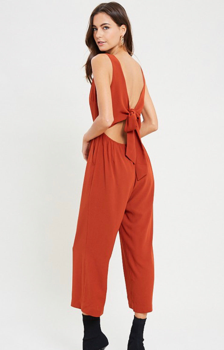 Walk this way rust simple v neck open back jumpsuit