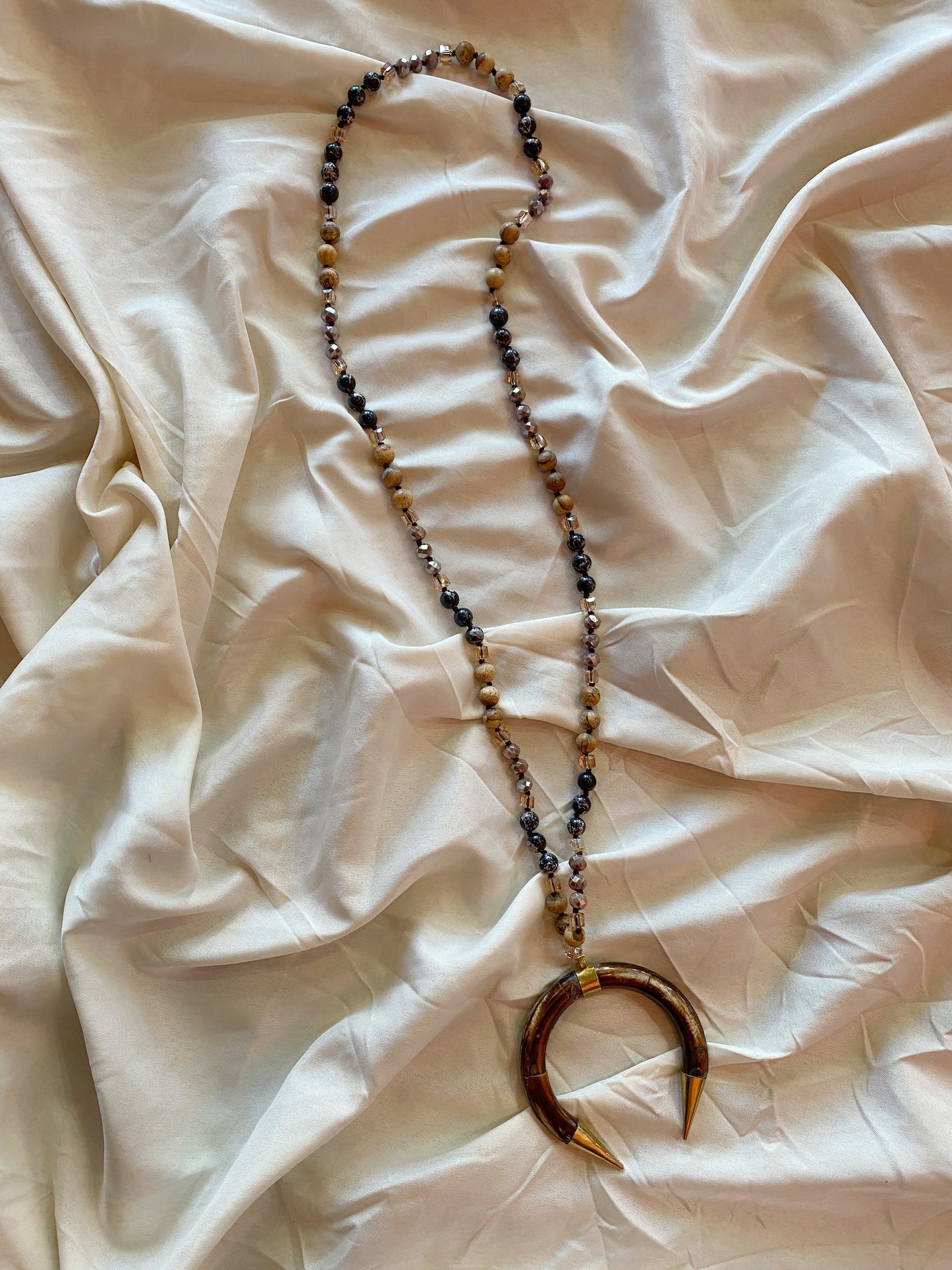 Rustic Horn Beaded Long Pendant Necklace
